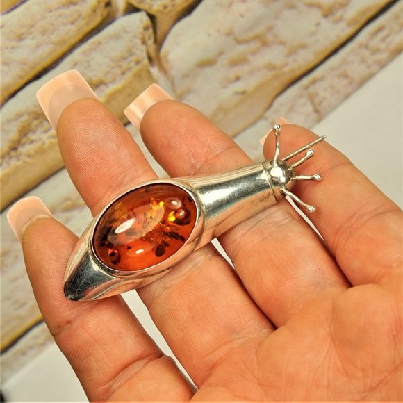 BALTIC AMBER 925 SILVER SNAIL BROOCH, RARE TO FIND JEWELRY, GIFT FOR WOMEN - Picture 3 of 10